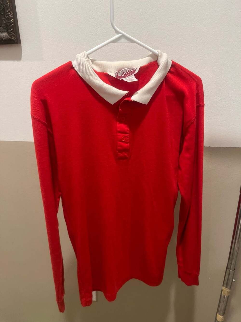 Vintage Logistix Red Long Sleeve Polo Rugby Shirt White Collar 1960